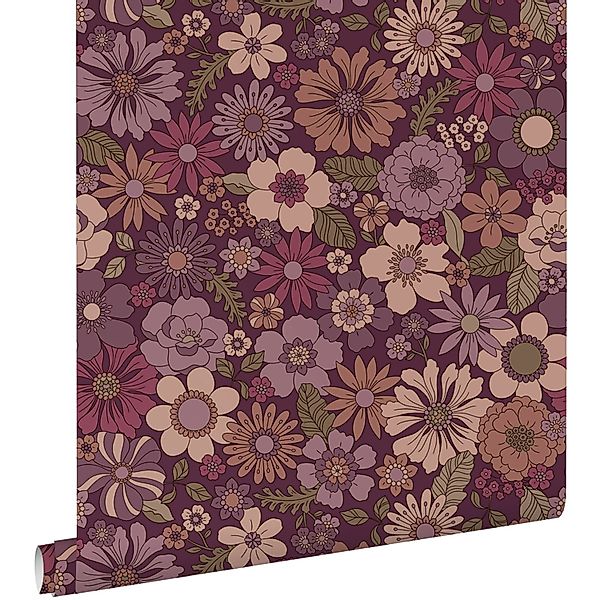 ESTAhome Tapete Retro Blumen Aubergineviolett 50 x 900 cm günstig online kaufen