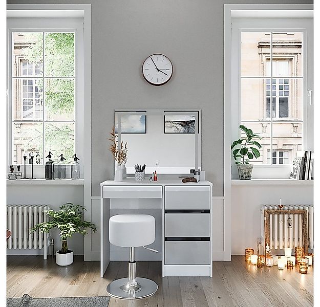 Vicco Schminktisch Sherry, Weiß Hochglanz, 90 cm mit LED-Spiegel und Hocker günstig online kaufen