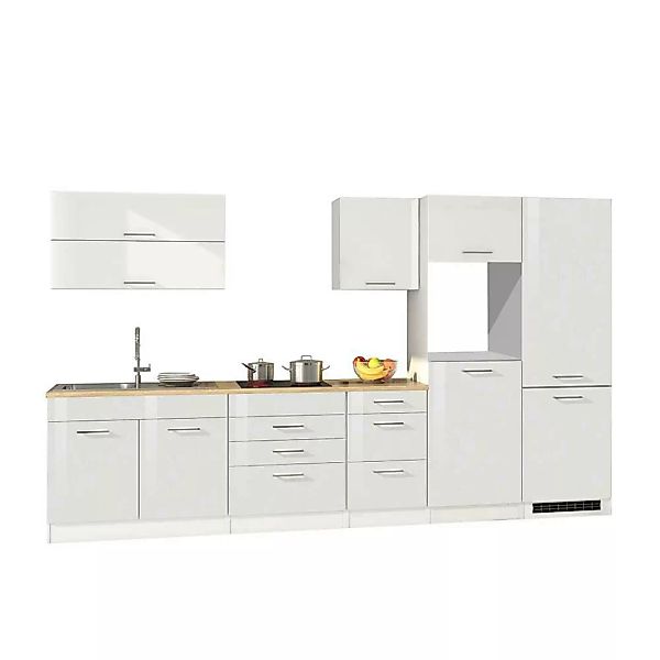 Hochglanz Küchenblock in Weiß 350 cm breit (achtteilig) günstig online kaufen