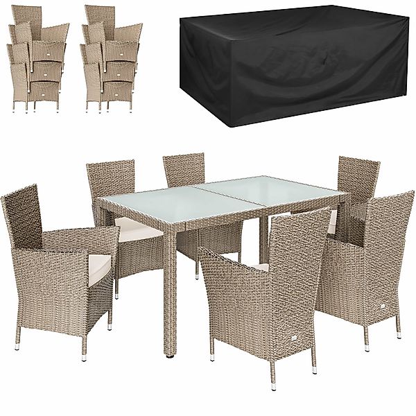 Polyrattan Garten-Sitzgruppe 7-tlg Creme/Creme + Abdeckplane günstig online kaufen