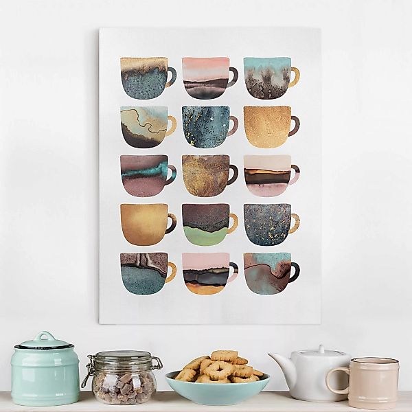 Leinwandbild - Hochformat Bunte Kaffeetassen mit Gold günstig online kaufen