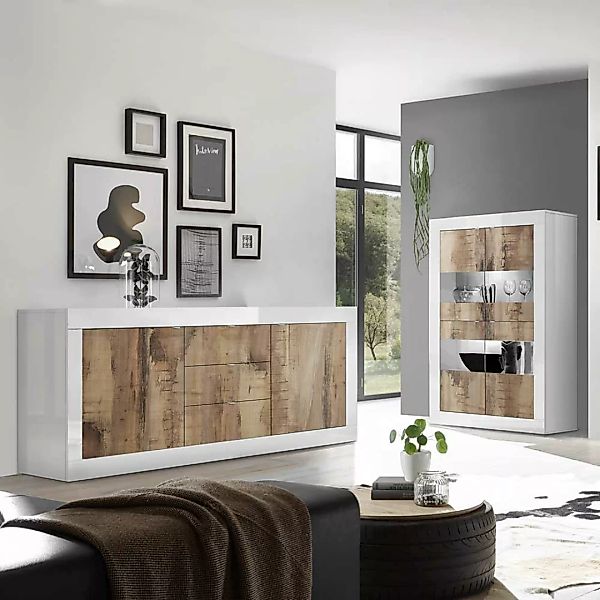 Wohnzimmerschrankwand in Holz verwittert Weiß Hochglanz (zweiteilig) günstig online kaufen
