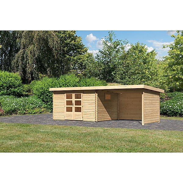 Karibu Gartenhaus Jeebel 4 m. Anbaudach 3,3 m Rück-/Seitenwand Natur günstig online kaufen