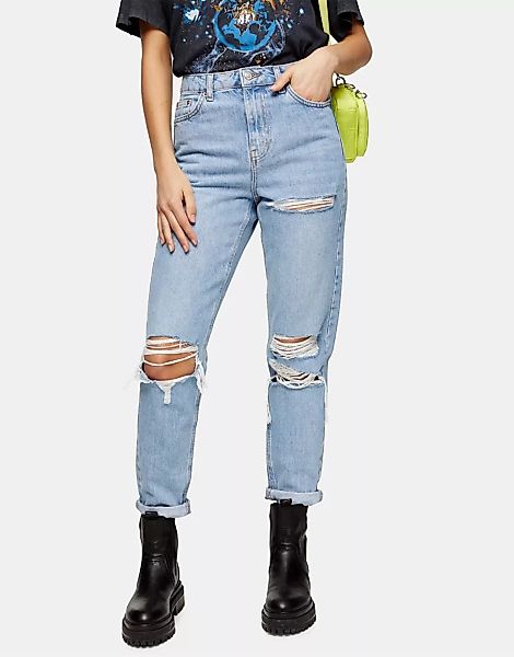 Topshop – Mom-Jeans mit großen Zierrissen in ausgebleichter Waschung-Blau günstig online kaufen