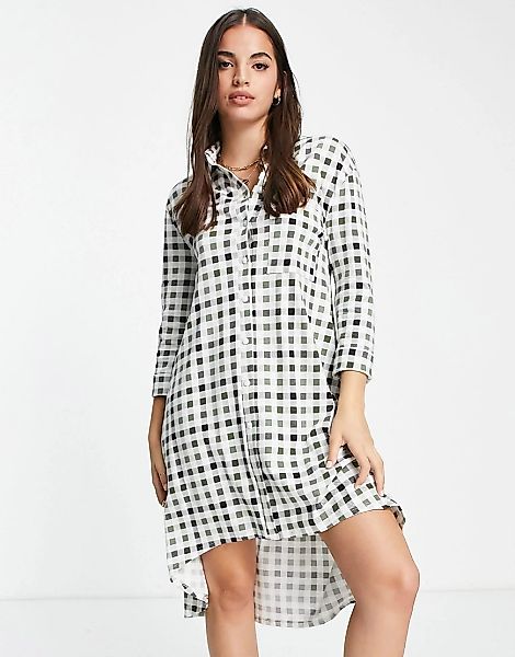 ASOS DESIGN – Langärmliges Hemdkleid mit nach hinten abfallendem Saum in Kh günstig online kaufen