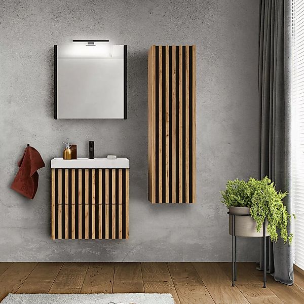 Badmöbel Set mit Spiegelschrank und 60 cm Waschtisch LUCCA-107 in Eiche Nb. günstig online kaufen