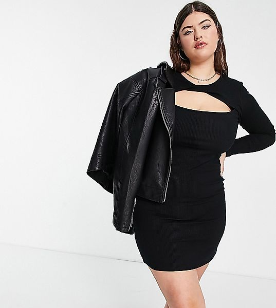 ASOS DESIGN Curve – Geripptes Minikleid in Schwarz mit gedrehter Vorderseit günstig online kaufen