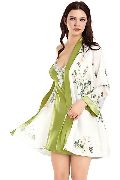 Nachthemd 2-teiliges Satin Nachthemd Set mit Kimono in Grün & Blumenprint 2 günstig online kaufen