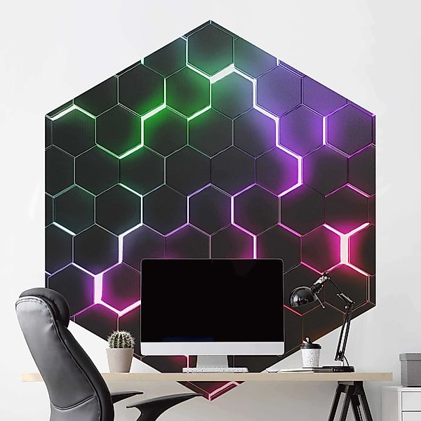 Hexagon Mustertapete Strukturierte Hexagone mit Neonlicht günstig online kaufen