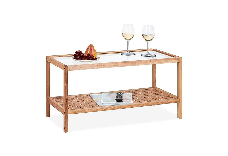 relaxdays Beistelltisch Walnussholz mit Glasablage günstig online kaufen