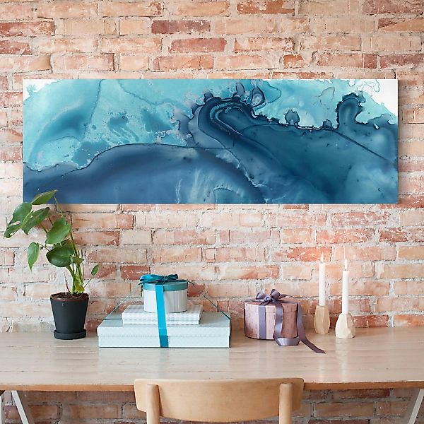 Leinwandbild Abstrakt - Panorama Welle Aquarell Blau I günstig online kaufen