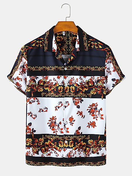 Herren Blumendruck Farbblock Revere Kragen Casual Kurzarm Shirts günstig online kaufen