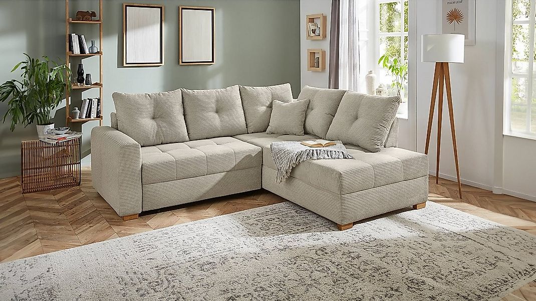 Massivart® Ecksofa HEIDELBERG Cord grau-beige / 228 cm, Cordsofa / Bettfunk günstig online kaufen