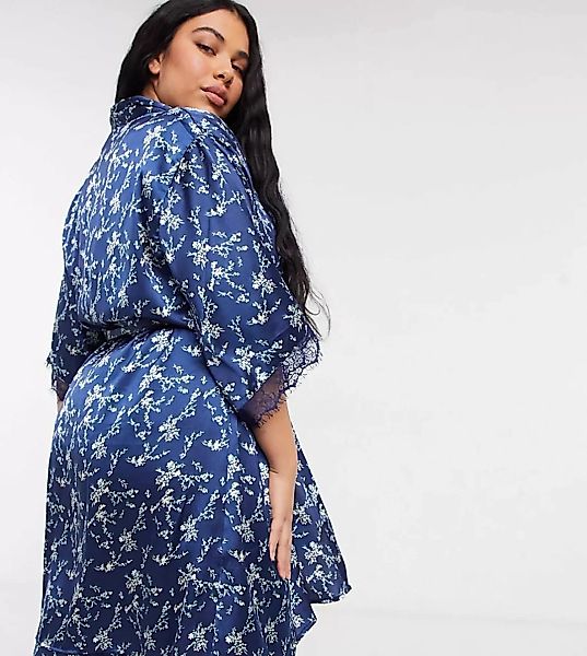 Vero Moda Curve – Satin-Kimono mit Blumenprint in Navy-Marineblau günstig online kaufen