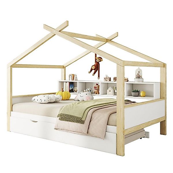 Flieks Kinderbett, Holzbett Hausbett 140x200cm mit Ausziehbett 90x180cm und günstig online kaufen