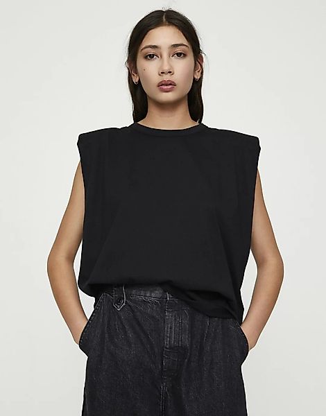 Pull&Bear – Ärmelloses schwarzes Shirt mit Schulterpolstern günstig online kaufen