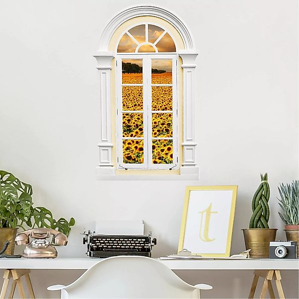 3D Wandtattoo Fenster Mediterran Feld mit Sonnenblumen günstig online kaufen