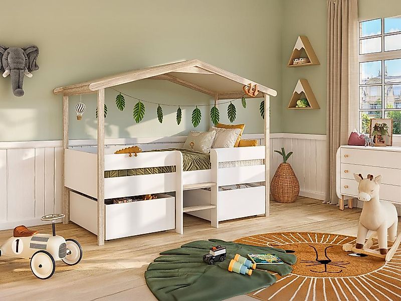 Kinderbett Hausbett mit Schubladen + Matratze - Lindenholz - 90 x 190 cm - günstig online kaufen