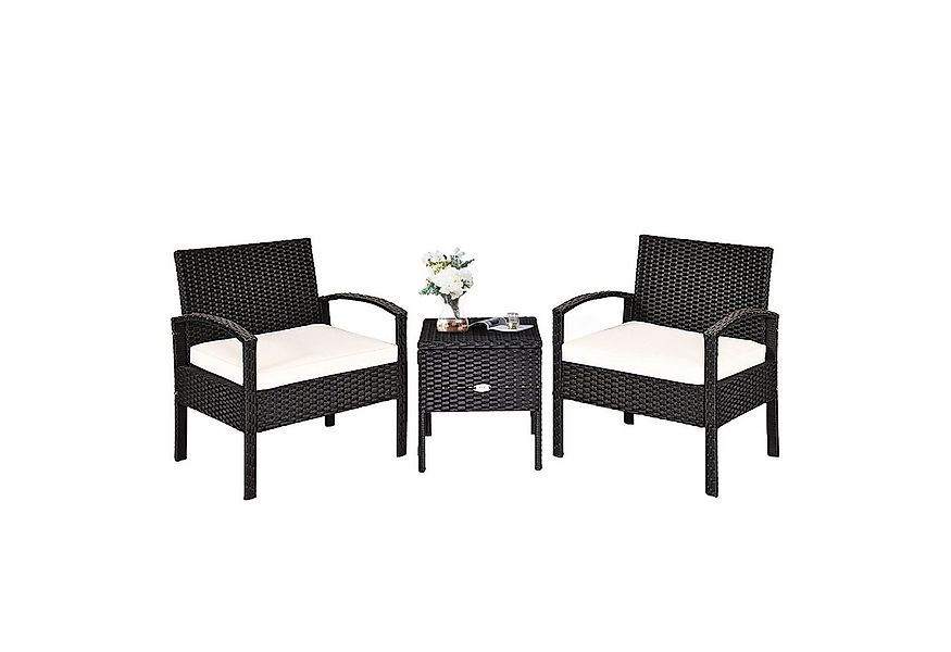 COSTWAY Balkonset, 3-tlg, Tisch mit Stauraum & 2 Sessel mit Kissen, Rattan günstig online kaufen