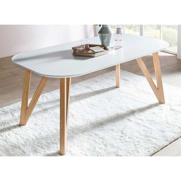 Ovaler Küchentisch in Weiß 4-Fußgestell aus Eiche Massivholz günstig online kaufen