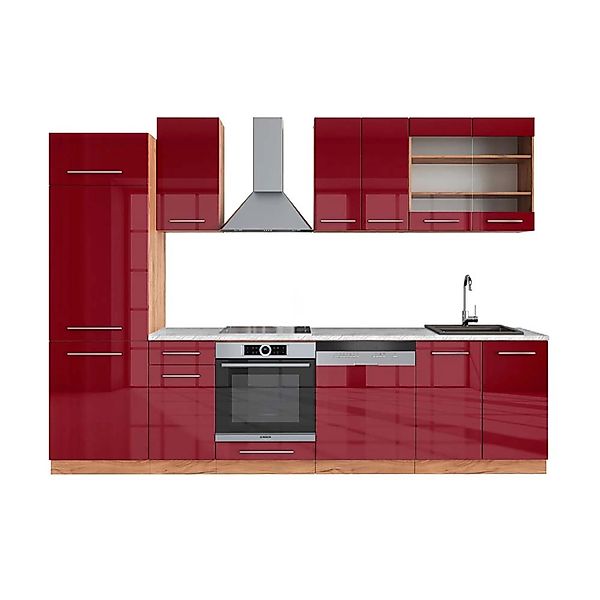 Vicco Fame-Line Küchenzeile Bordeaux Hochglanz/Goldkraft Eiche 300 cm AP Ma günstig online kaufen