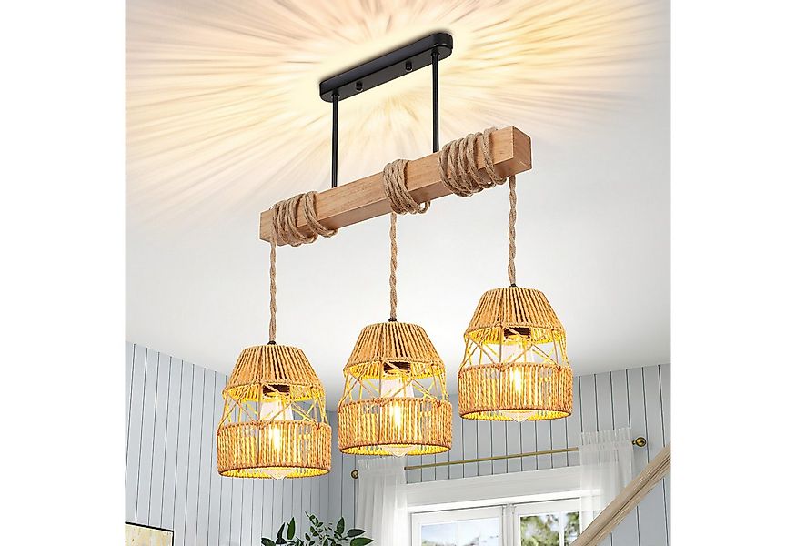 MUPOO Pendelleuchte 3-flammige Holz Hängeleuchte aus Rattan-Schirm/Holz,Höh günstig online kaufen