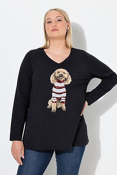 Ulla Popken Longsleeve Shirt Hund Pailletten A-Linie V-Ausschnitt Langarm günstig online kaufen