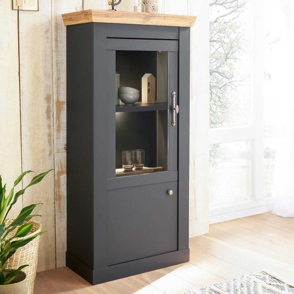 Graue Esszimmer Vitrine im Landhausstil Glastüren günstig online kaufen