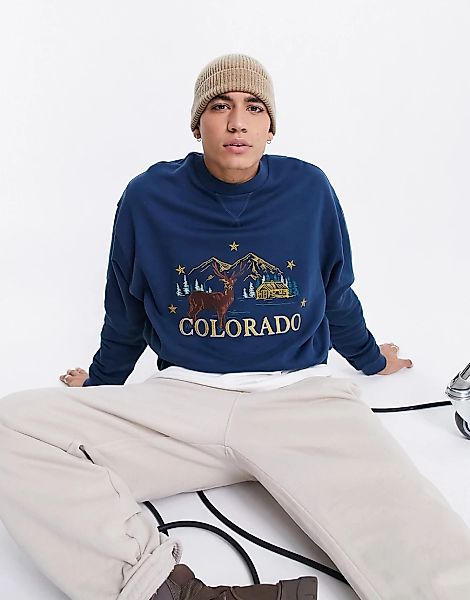 ASOS DESIGN – Oversize-Sweatshirt in Marineblau mit Vintage-„Colorado“-Stic günstig online kaufen