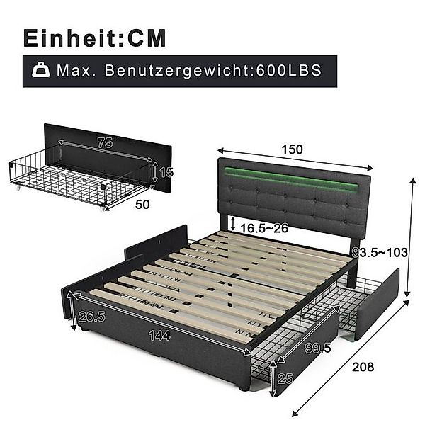 Odikalo Polsterbett LED Kopfteil Lattenrost 4 Schubladen 140/90 m/o Matratz günstig online kaufen