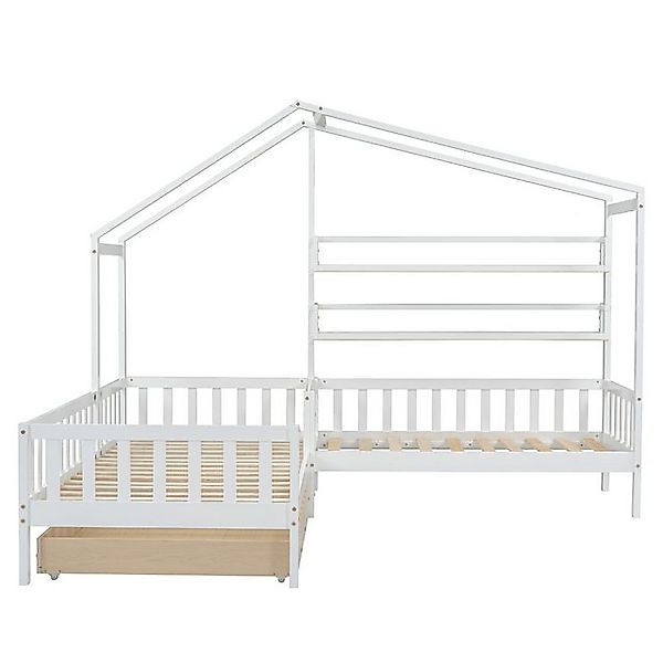 Gotagee Hausbett Bett mit Schubladen 90x200+140x70 cm Flaches Kinderbett Ma günstig online kaufen