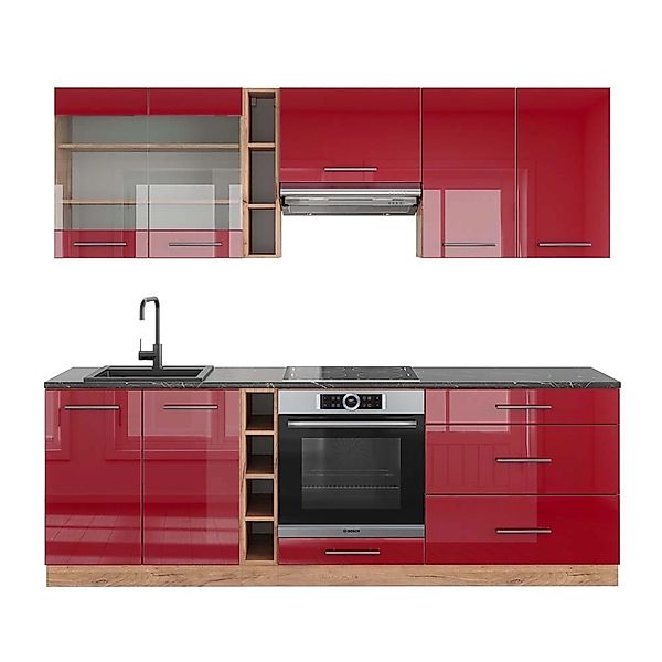 Vicco Fame-Line Küchenzeile Bordeaux Hochglanz/Goldkraft Eiche 235 cm AP An günstig online kaufen