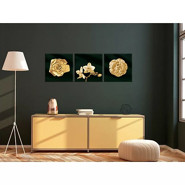 Leinwandbild Gold begossene Blumen - Glamour-Triptychon mit pflanzlichen Mo günstig online kaufen