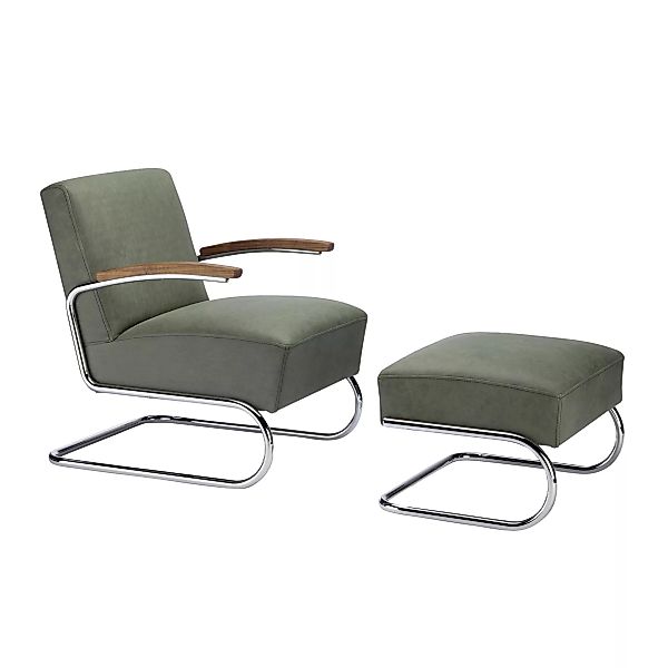 Thonet - S 411 Sessel mit Hocker Leder - grüngrau/Gestell verchromt/Nubukle günstig online kaufen