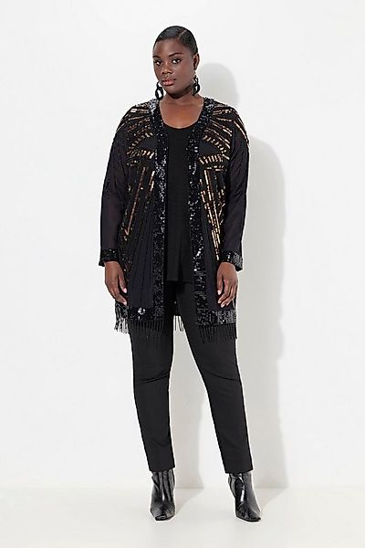 Ulla Popken Kimono Jacke Perlen Pailletten V-Ausschnitt Langarm, Langform, günstig online kaufen