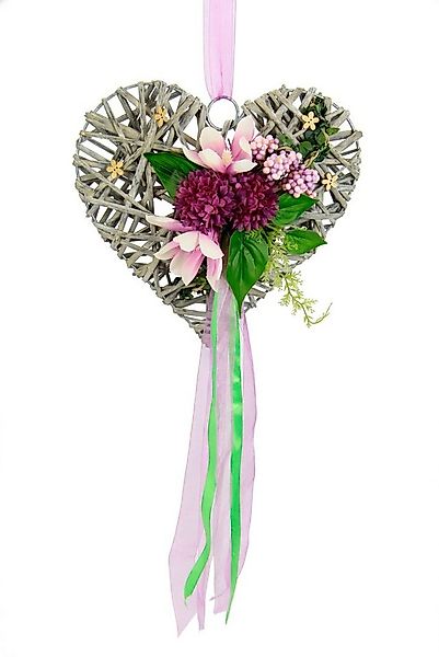 Kunstkranz Herz aus Holz mit künstlichen Magnolien Beeren und Schleife zum günstig online kaufen