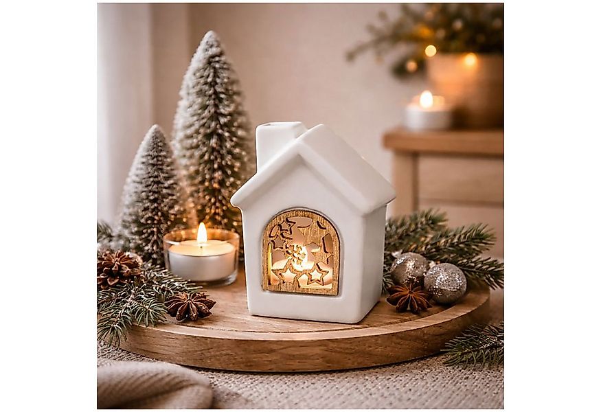 HTI-Living Weihnachtshaus LED Keramikhaus mit Holzfenster Weiß, Weihnachtsd günstig online kaufen