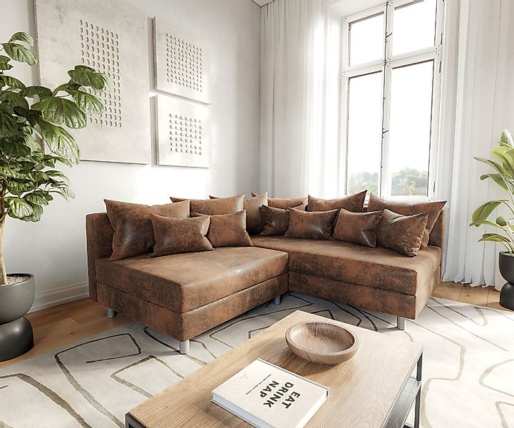 Ecksofa Clovis Braun Antik Optik Ottomane Rechts Modulsofa günstig online kaufen