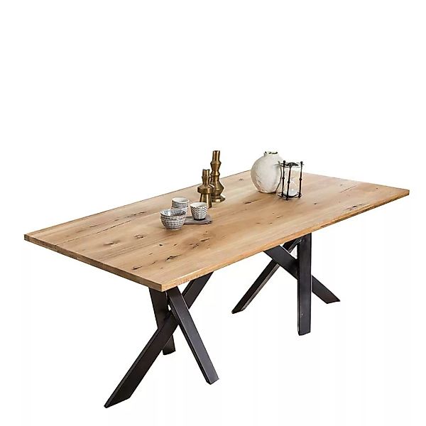 Rustikaler Tisch aus Wildeiche Massivholz Metall Sechsfußgestell günstig online kaufen