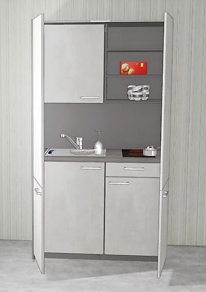 Schrankküche MANKAHIDE 2 Weißbeton (Höhe XXL) Küchenblock 110 cm mit Kochfe günstig online kaufen