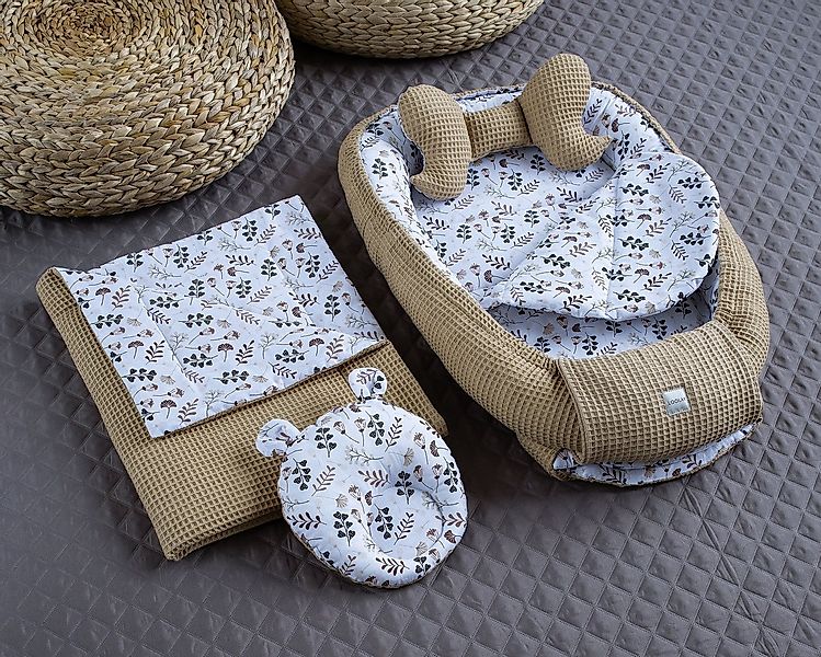 Loolay Bettnestchen Taupe WAFFELPIQUE/ BLUMEN Braun 5 TLG SET Babynest Baby günstig online kaufen
