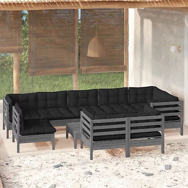 10-tlg. Garten-lounge-set Mit Kissen Grau Kiefer Massivholz günstig online kaufen