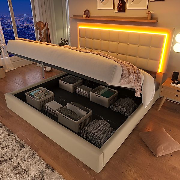 Flieks Stauraumbett (1-tlg), LED-Beleuchtung Kunstleder Doppelbett günstig online kaufen