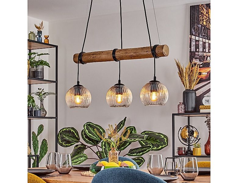 hofstein Pendelleuchte Hängelampe aus Metall/Holz/Riffelglas in Schwarz/Nat günstig online kaufen
