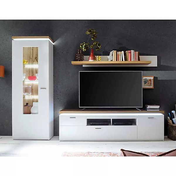 TV Wohnwand in Weiß und Wildeiche Optik LED Beleuchtung (dreiteilig) günstig online kaufen