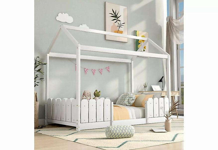 Merax Hausbett, mit Rausfallschutz und Lattenrost, Kinderbett 90x200cm, Hol günstig online kaufen