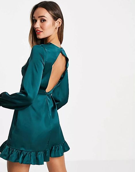 Flounce London – Langärmliges Minikleid aus Satin in Smaragdgrün mit Rücken günstig online kaufen