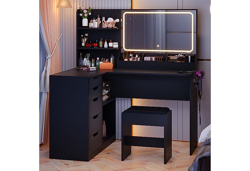 Furnicopia Schminktisch LED-Schminktisch mit großer Ablagefläche und Hocker günstig online kaufen