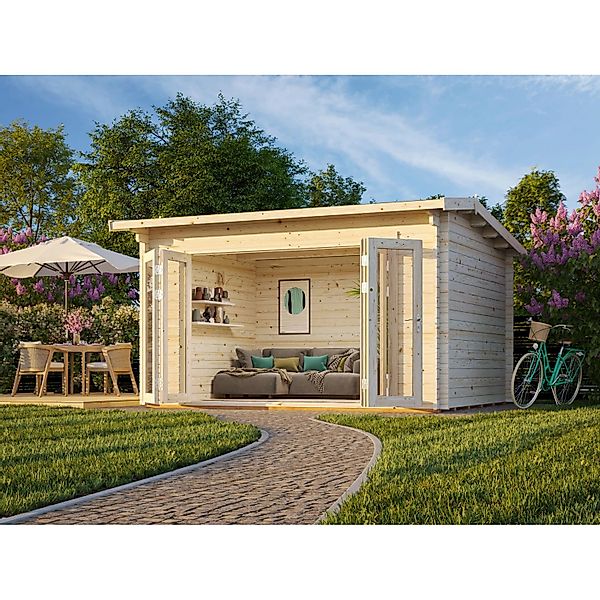 Palmako Ines Holz-Gartenhaus Natur Satteldach Tauchgrundiert 390 cm x 300 c günstig online kaufen
