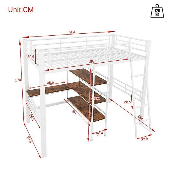 Flieks Hochbett Metallbett Kinderbett 90x200cm mit Schreibtisch Regale Gelä günstig online kaufen